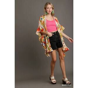 Umgee Satin Floral Print Kimono with Lace Trim, Front Tie, & 3/4 Bell Sleeves